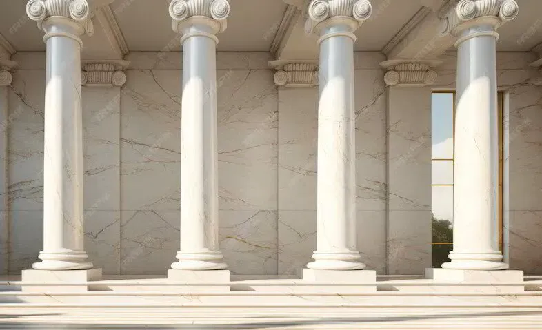 Sunlit classical marble columns and architecture